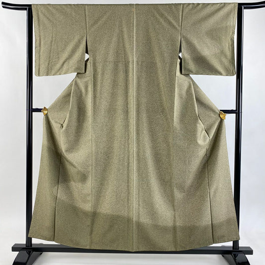 【美品】 付下 身長158cm 袖長63cm S 雙層 紬織織 霞 幾何學 茶綠 純蠶絲 秀品級 一つ紋