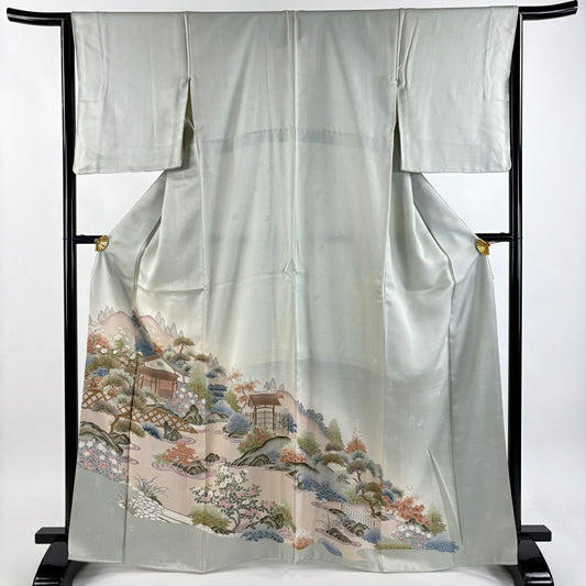 色留袖禮服 身長166.5cm 袖長64cm M 雙層 家屋 草花紋紋 金糸刺繡 薄綠 純蠶絲 秀品級 一つ紋