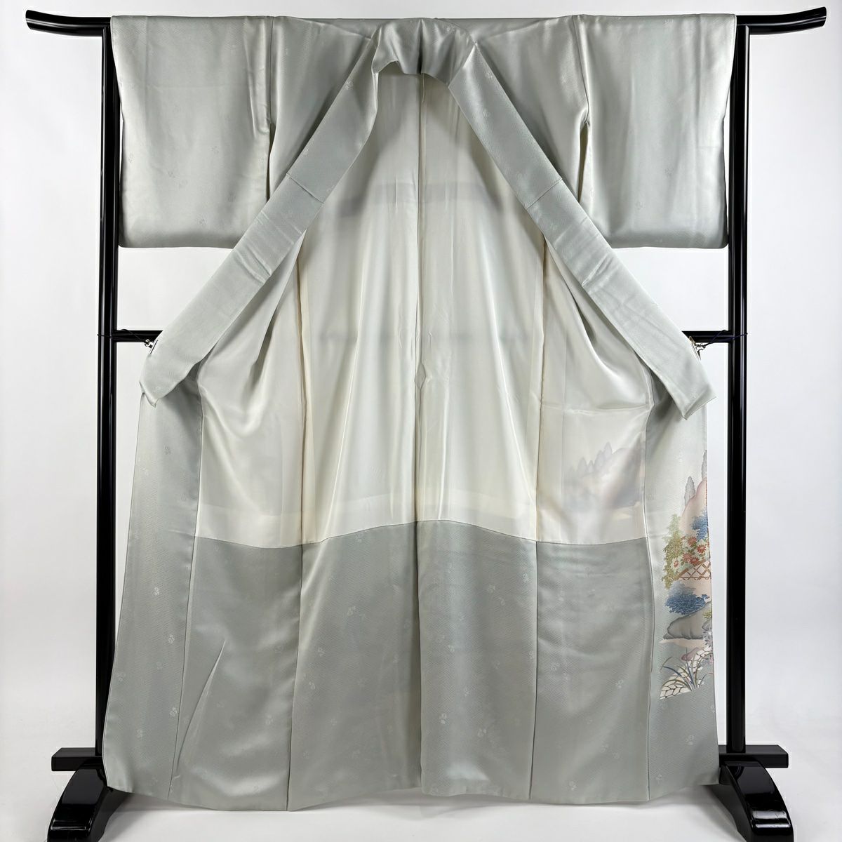 色留袖禮服 身長166.5cm 袖長64cm M 雙層 家屋 草花紋紋 金糸刺繡 薄綠 純蠶絲 秀品級 一つ紋