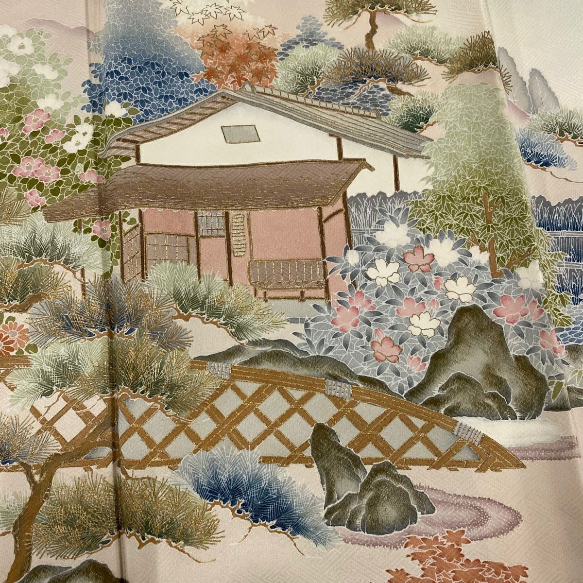 色留袖禮服 身長166.5cm 袖長64cm M 雙層 家屋 草花紋紋 金糸刺繡 薄綠 純蠶絲 秀品級 一つ紋
