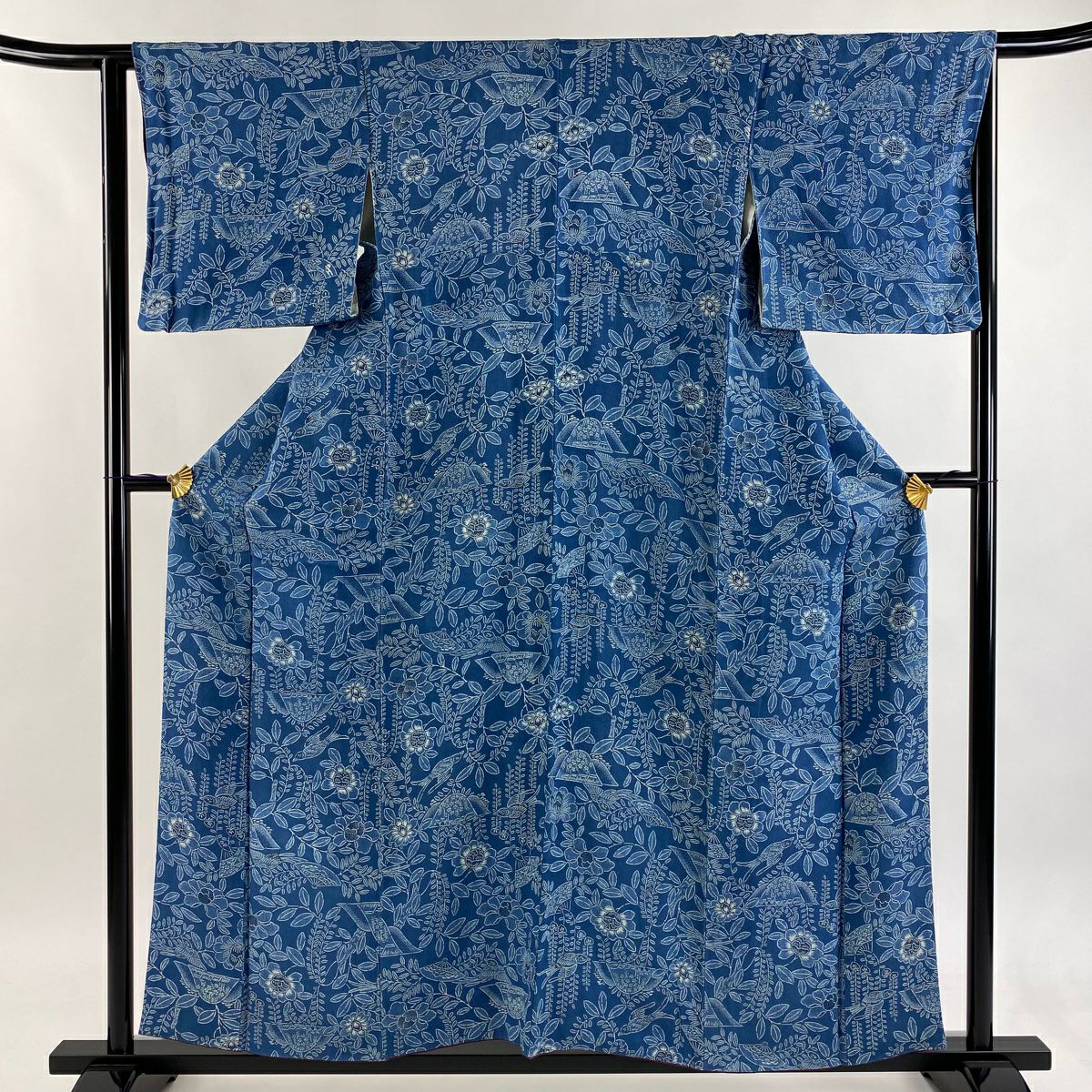 小紋 身長156.5cm 袖長63cm S 雙層 落款 草花紋紋 扇子子 縮緬 青灰色 純蠶絲 秀品級
