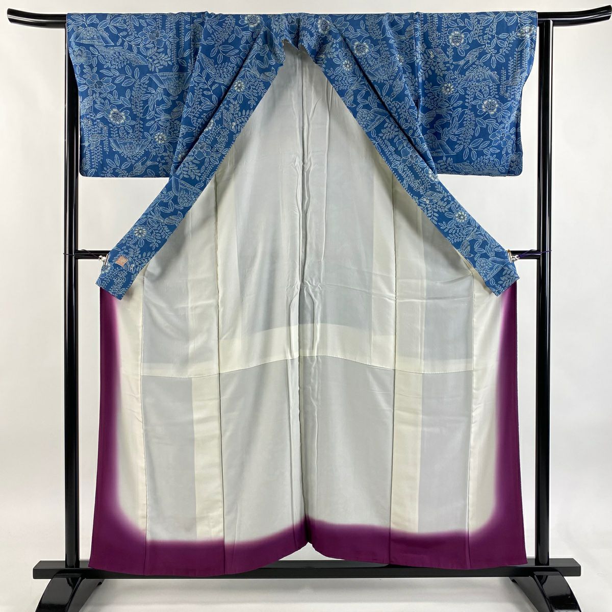 小紋 身長156.5cm 袖長63cm S 雙層 落款 草花紋紋 扇子子 縮緬 青灰色 純蠶絲 秀品級