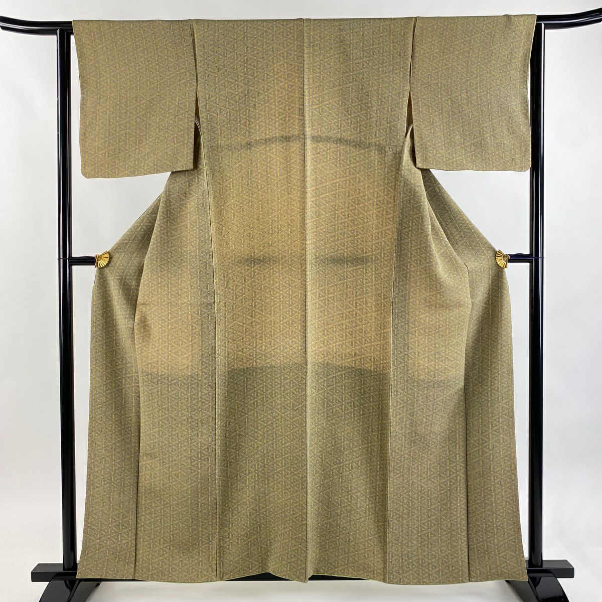 小紋 身長158.5cm 袖長63cm S 雙層 七寶紋 幾何學 縮緬 鶯 經典純蠶絲 優品級