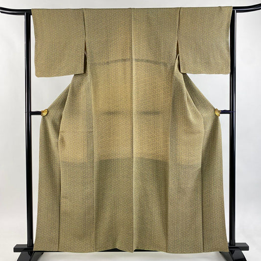 小紋 身長158.5cm 袖長63cm S 雙層 七寶紋 幾何學 縮緬 鶯 經典純蠶絲 優品級