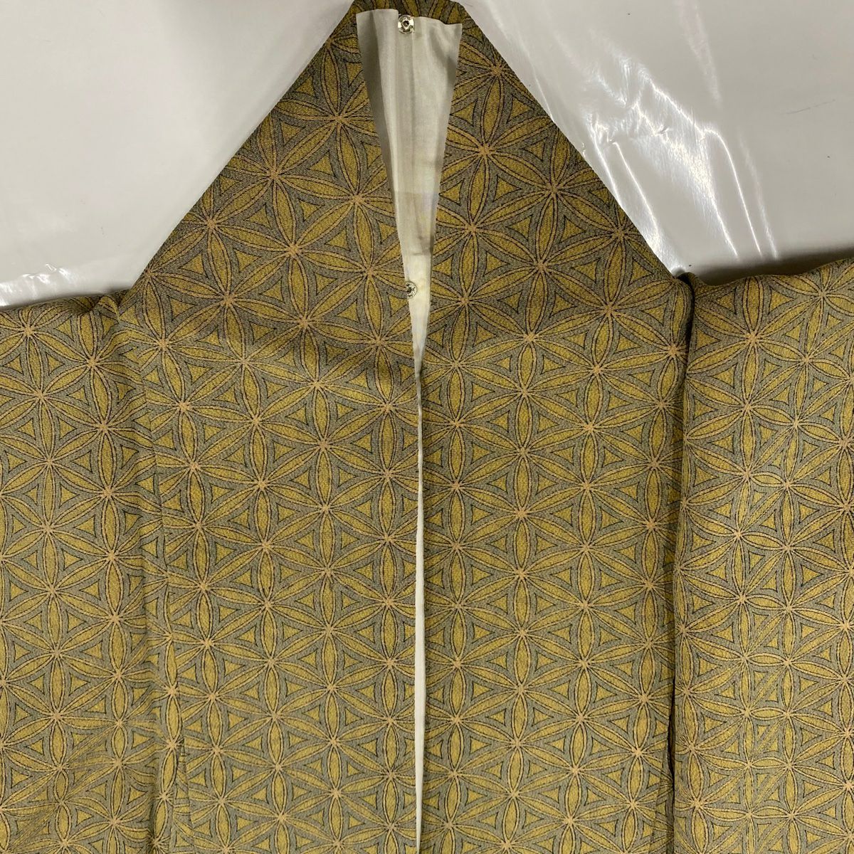 小紋 身長158.5cm 袖長63cm S 雙層 七寶紋 幾何學 縮緬 鶯 經典純蠶絲 優品級