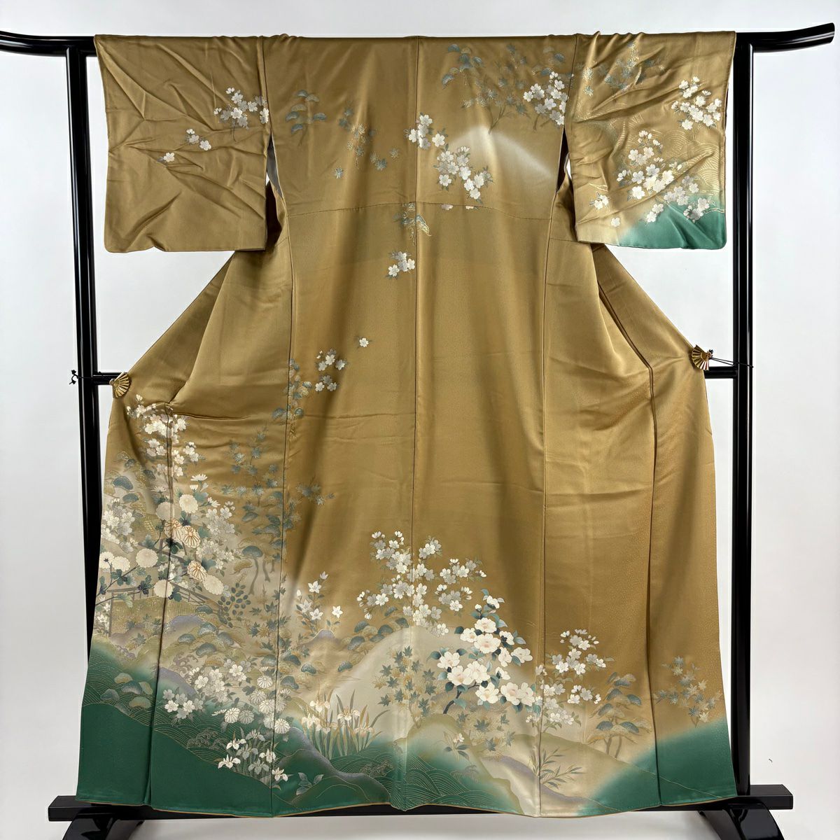 訪問服 身長158cm 袖長64cm M 雙層 菊花 波頭 金絲 金銀彩 山吹茶 純蠶絲 秀品級