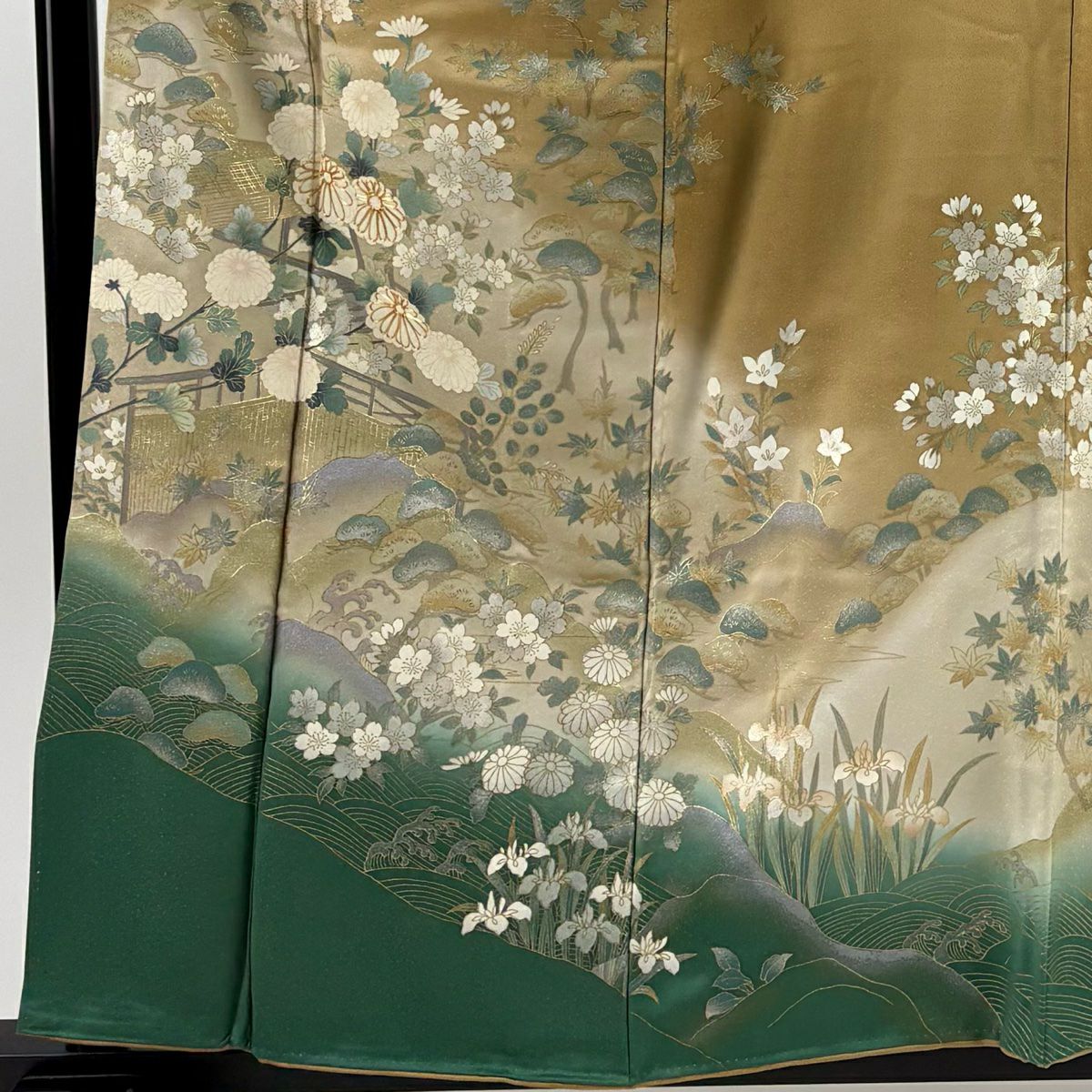 訪問服 身長158cm 袖長64cm M 雙層 菊花 波頭 金絲 金銀彩 山吹茶 純蠶絲 秀品級