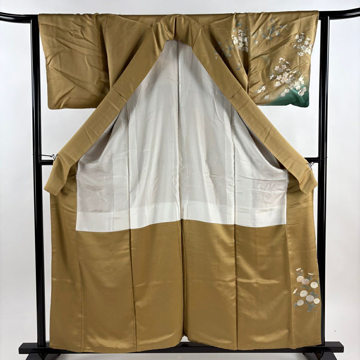 訪問服 身長158cm 袖長64cm M 雙層 菊花 波頭 金絲 金銀彩 山吹茶 純蠶絲 秀品級