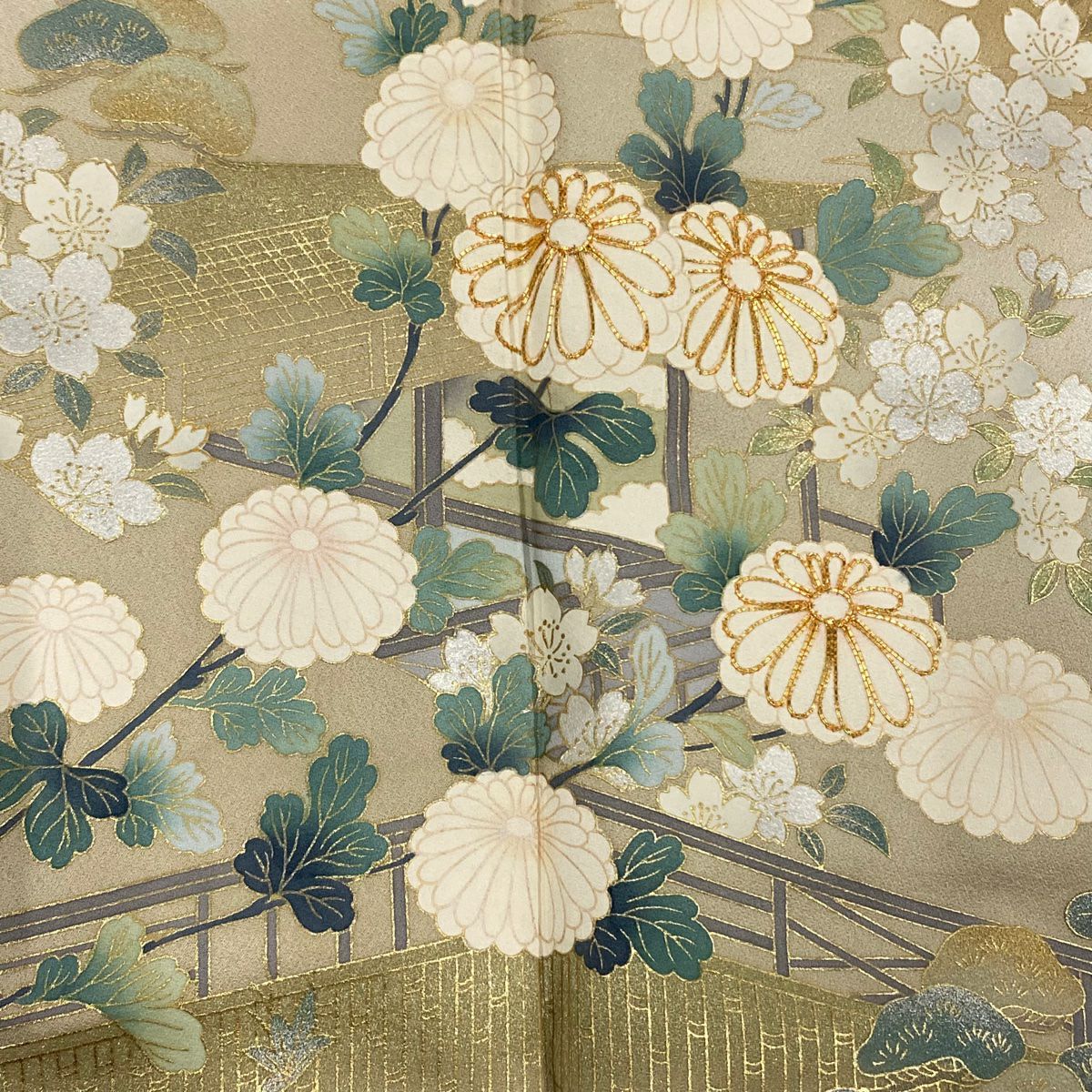 訪問服 身長158cm 袖長64cm M 雙層 菊花 波頭 金絲 金銀彩 山吹茶 純蠶絲 秀品級