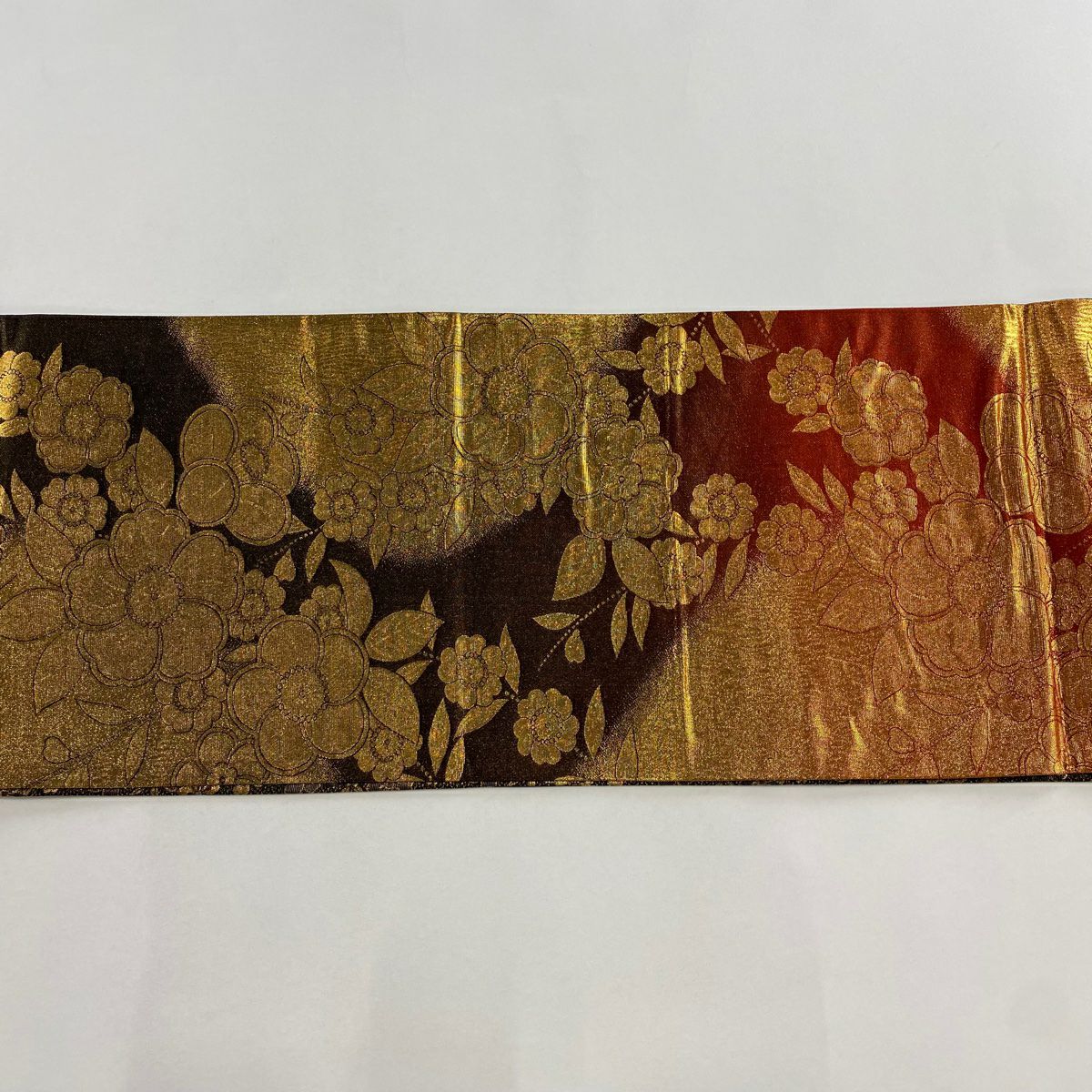 袋帶 秀品級 證書齊全 草花紋紋 金銀彩 金金箔 茶 純蠶絲
