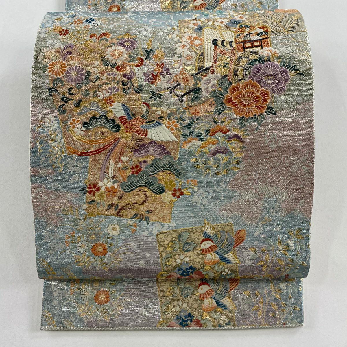 【美品】 袋帶 秀品級 關西仕立 御所車 花鳥 金糸 金金箔 淺粉色 六通 純蠶絲