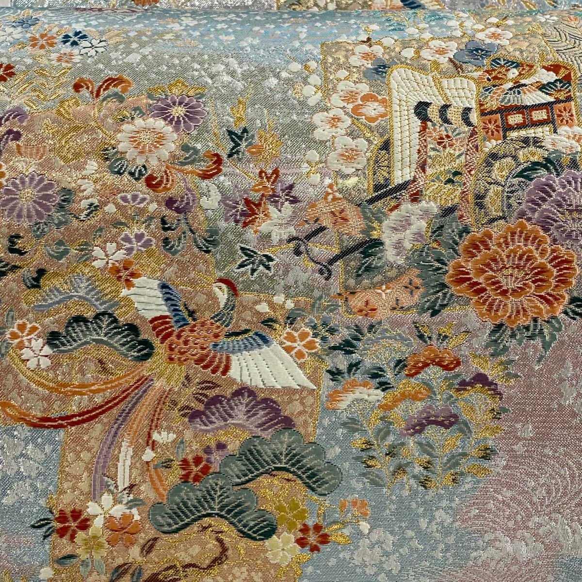 【美品】 袋帶 秀品級 關西仕立 御所車 花鳥 金糸 金金箔 淺粉色 六通 純蠶絲