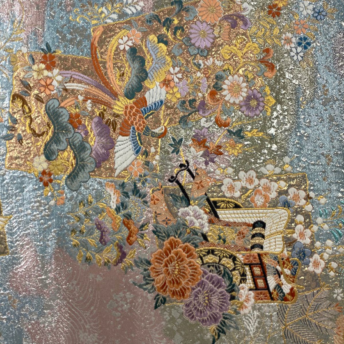 【美品】 袋帶 秀品級 關西仕立 御所車 花鳥 金糸 金金箔 淺粉色 六通 純蠶絲