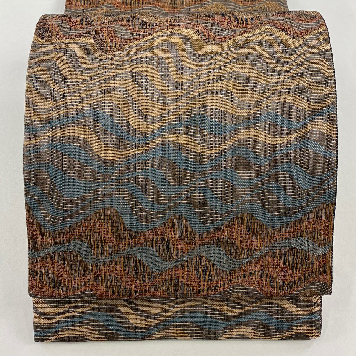 【美品】 袋帶 秀品級 幾何學 金絲 金金箔 茶 全通 純蠶絲