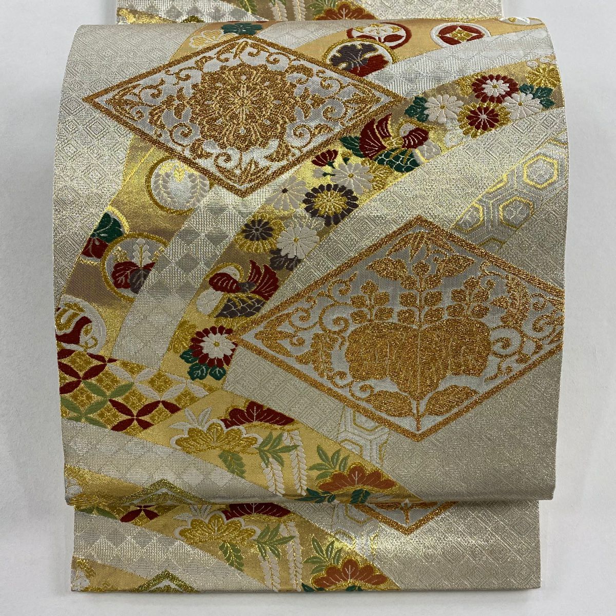【美品】 袋帶 秀品級 花鳥 菱 金糸 金金箔 銀 六通 純蠶絲