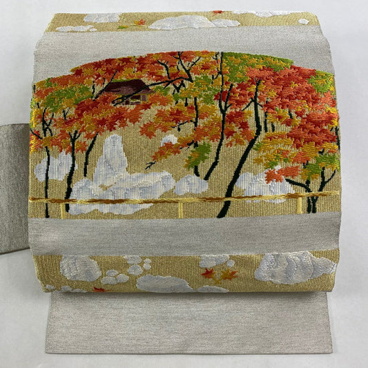 名古屋帶 秀品級 八寸名古屋帶 紅葉 家屋 金銀彩 金 純蠶絲