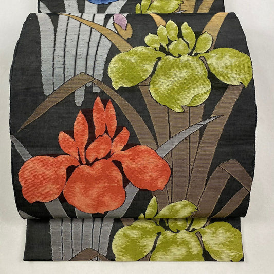 袋帶 秀品級 夏帶 紗 菖蒲 金金箔 墨 深色 六通 純蠶絲