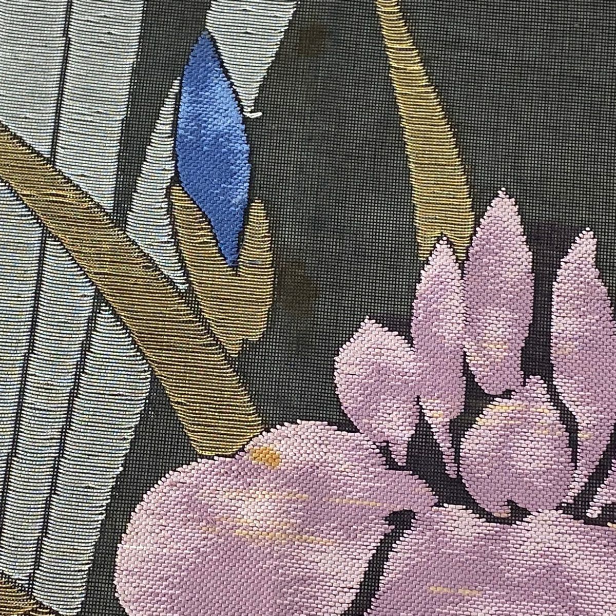 袋帶 秀品級 夏帶 紗 菖蒲 金金箔 墨 深色 六通 純蠶絲