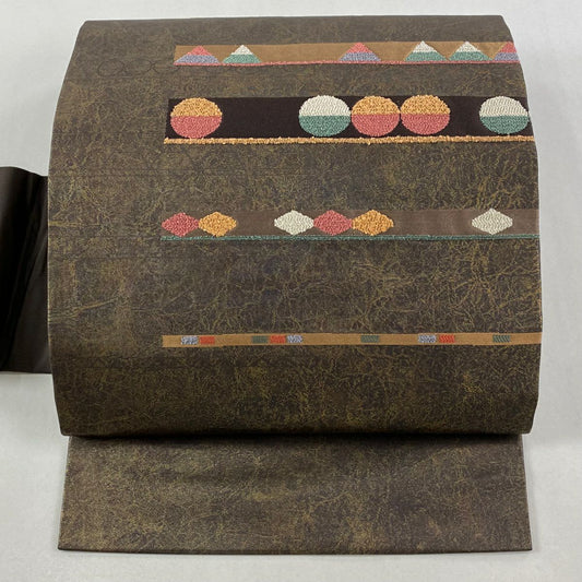 【美品】 名古屋帶 秀品級 圓文 條紋 金金箔 茶紫 純蠶絲