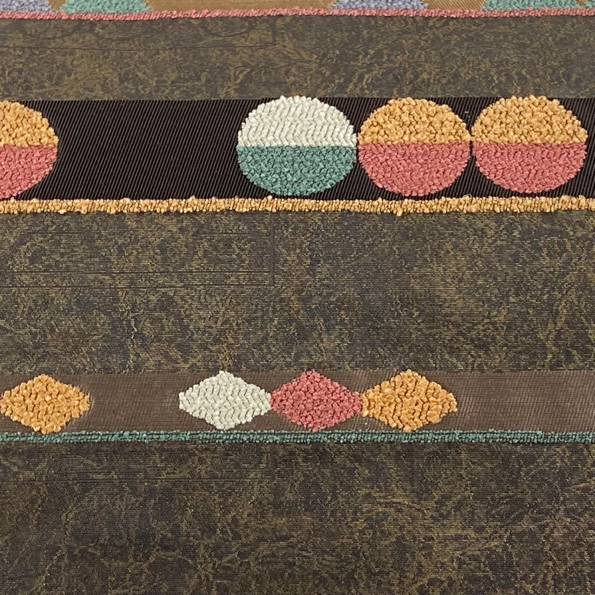 【美品】 名古屋帶 秀品級 圓文 條紋 金金箔 茶紫 純蠶絲