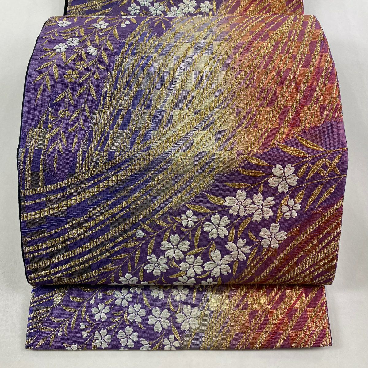 【美品】 袋帶 秀品級 垂枝櫻 市松樹 金絲 金金箔 紫色 六通 純蠶絲