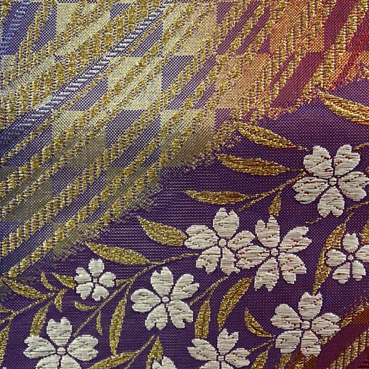 【美品】 袋帶 秀品級 垂枝櫻 市松樹 金絲 金金箔 紫色 六通 純蠶絲