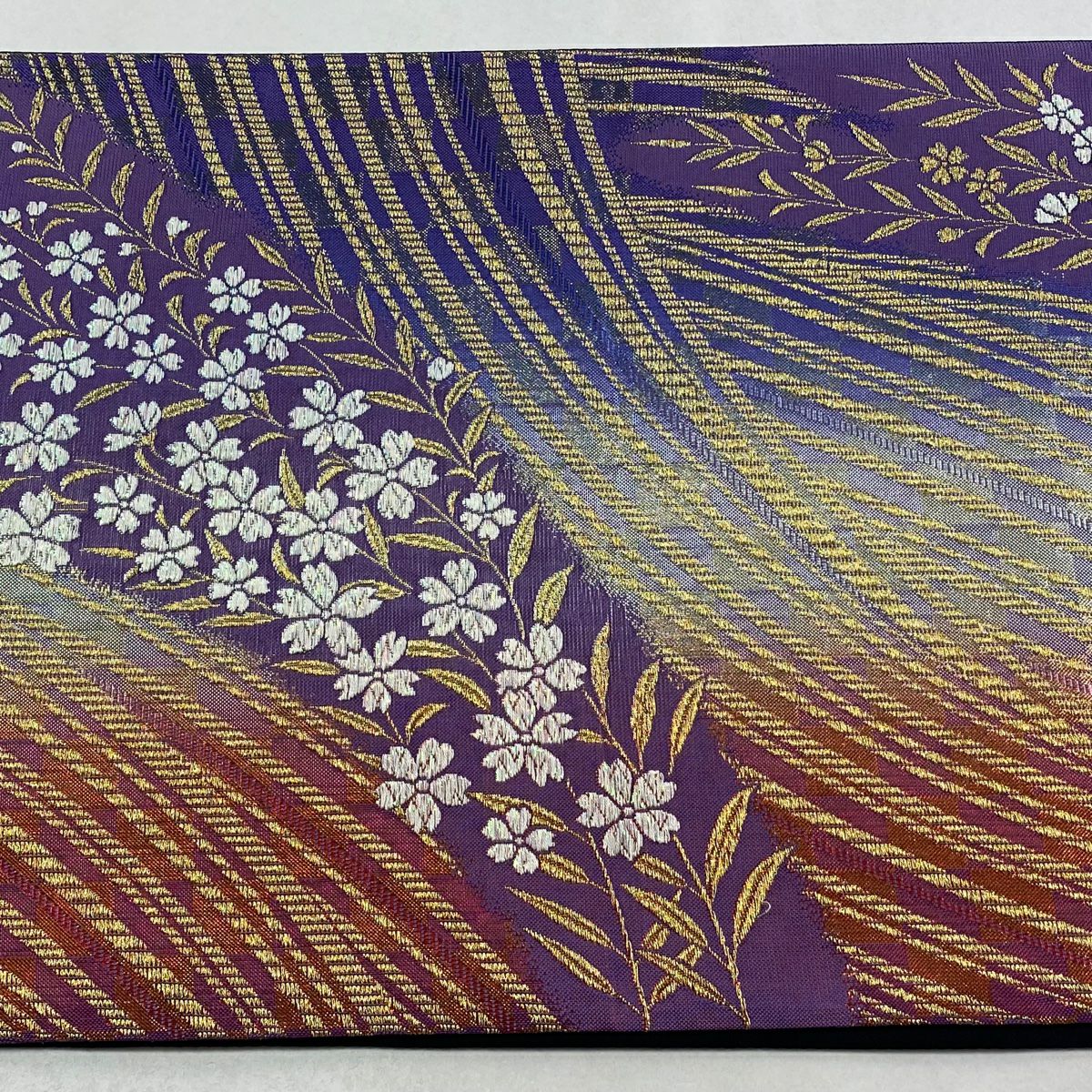 【美品】 袋帶 秀品級 垂枝櫻 市松樹 金絲 金金箔 紫色 六通 純蠶絲