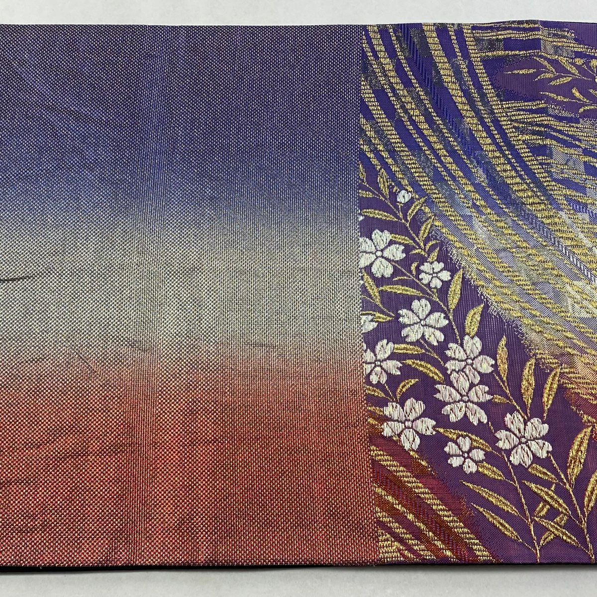 【美品】 袋帶 秀品級 垂枝櫻 市松樹 金絲 金金箔 紫色 六通 純蠶絲