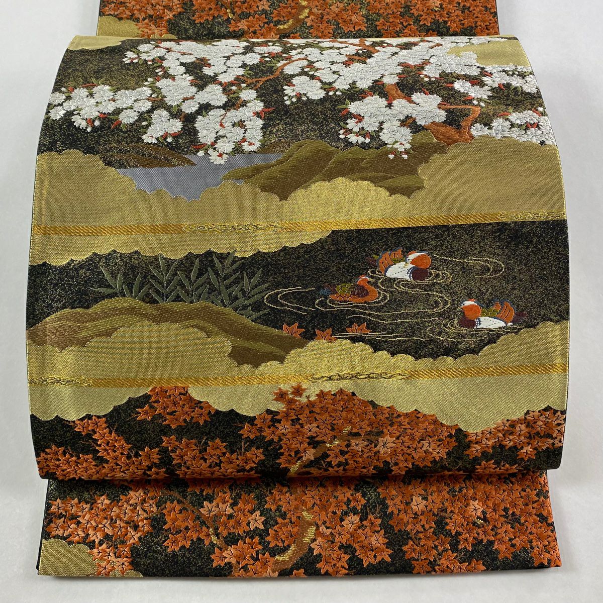 【美品】袋帶 秀品級 落款あり 本家加納 櫻花 紅葉 金絲 金 六通 純蠶絲