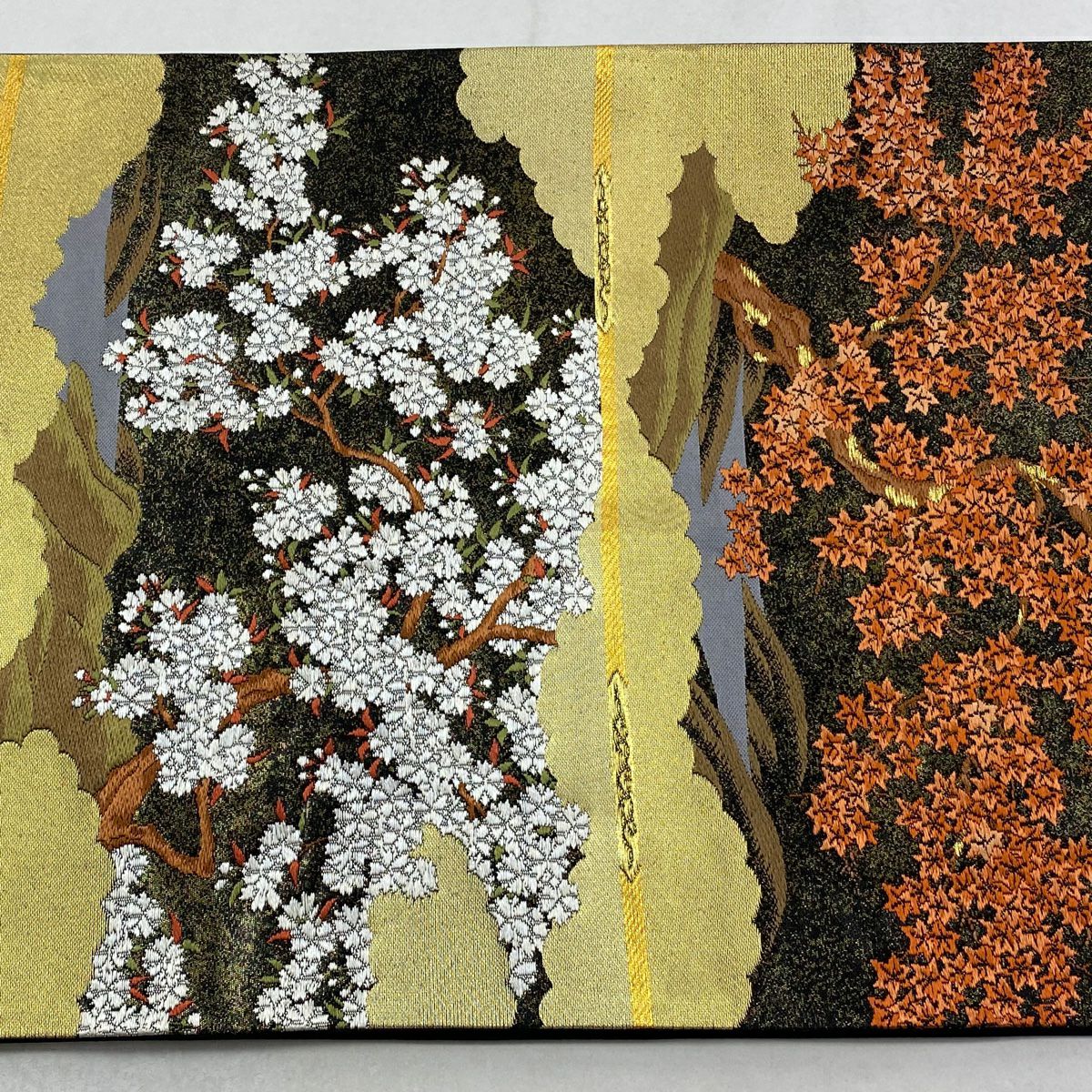 【美品】袋帶 秀品級 落款あり 本家加納 櫻花 紅葉 金絲 金 六通 純蠶絲