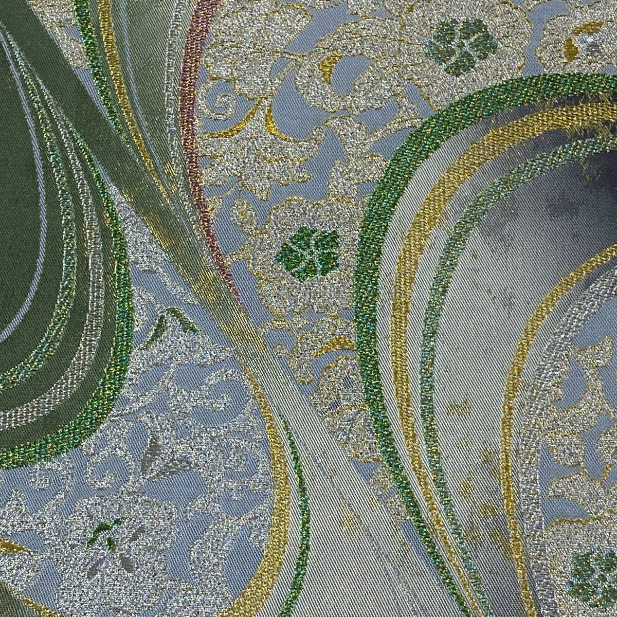 【美品】 袋帶 秀品級 花唐草紋 流水 金銀彩 金金箔 灰綠 六通 純蠶絲