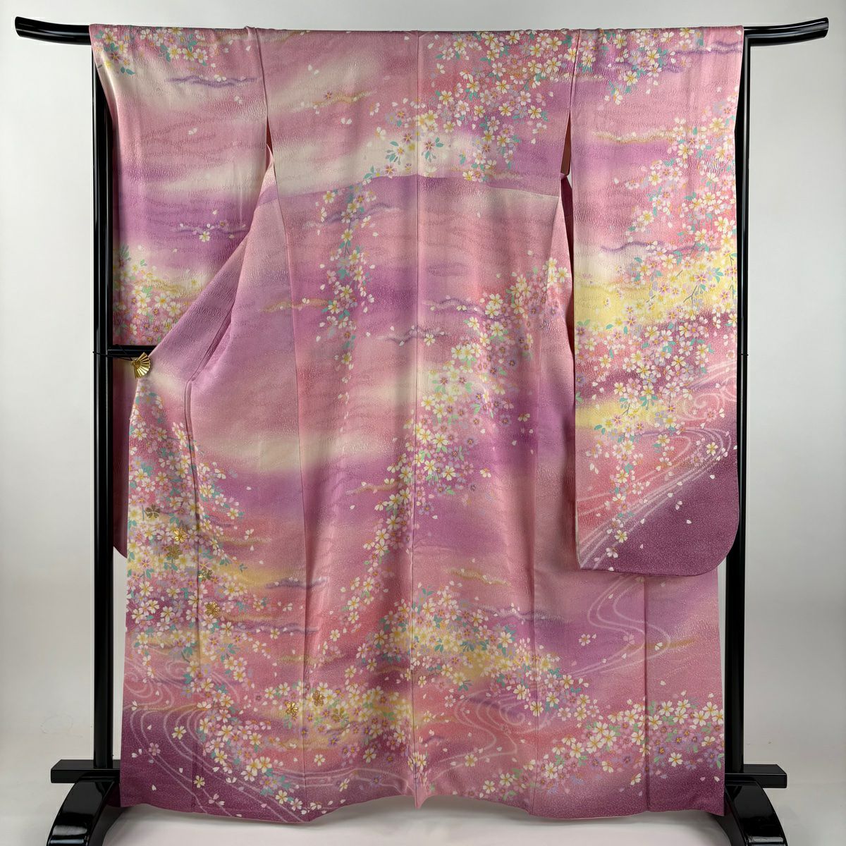 【美品】振袖禮服 身長163.5cm 袖長66.5cm M 雙層 霞 櫻花 金通 金絲 粉紅 純蠶絲 逸品級