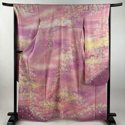 【美品】振袖禮服 身長163.5cm 袖長66.5cm M 雙層 霞 櫻花 金通 金絲 粉紅 純蠶絲 逸品級