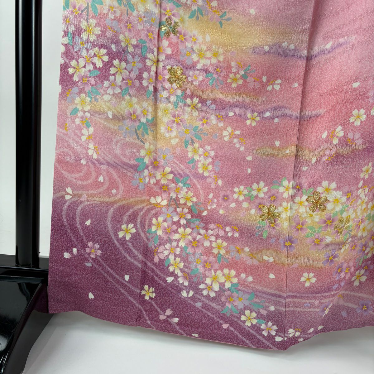 【美品】振袖禮服 身長163.5cm 袖長66.5cm M 雙層 霞 櫻花 金通 金絲 粉紅 純蠶絲 逸品級