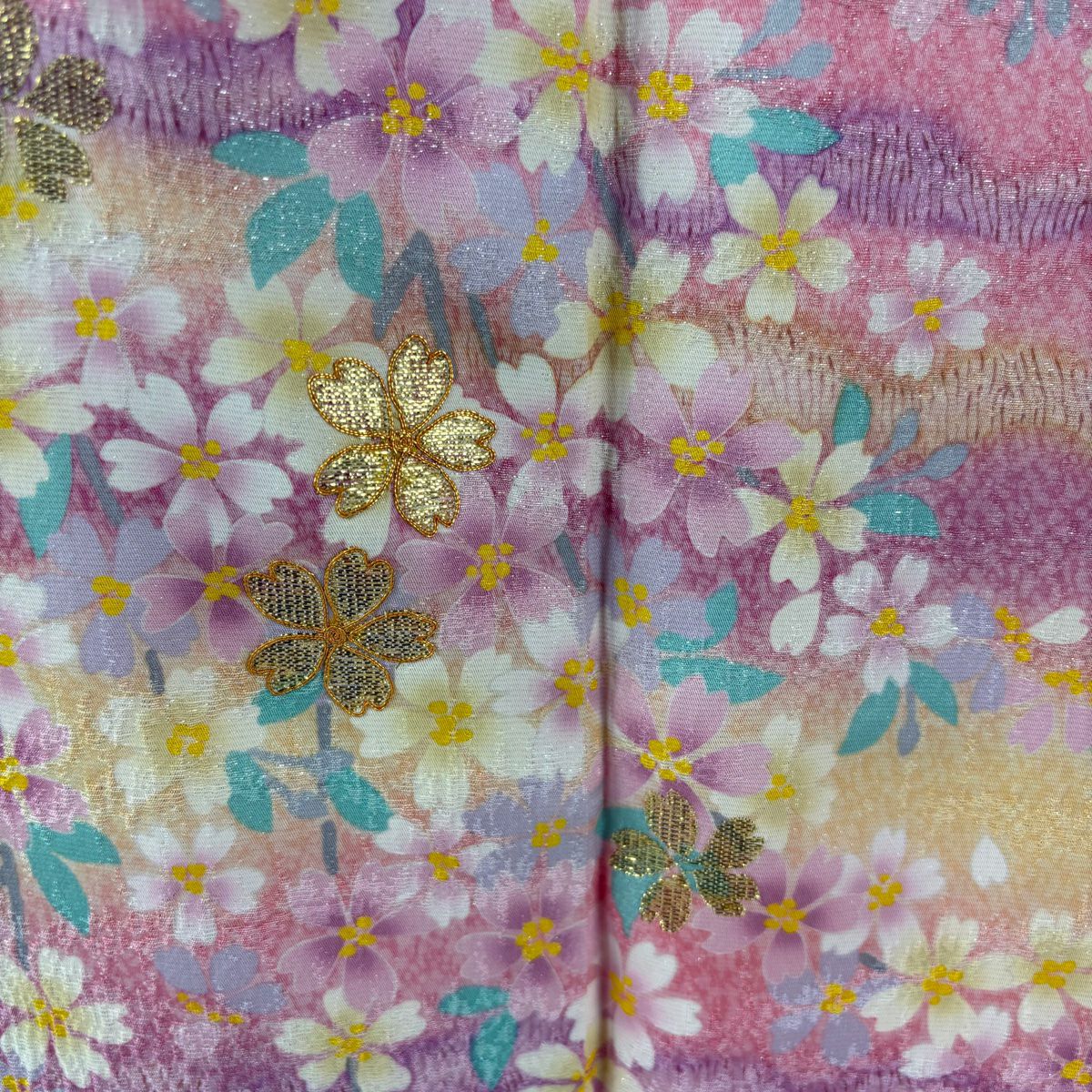 【美品】振袖禮服 身長163.5cm 袖長66.5cm M 雙層 霞 櫻花 金通 金絲 粉紅 純蠶絲 逸品級