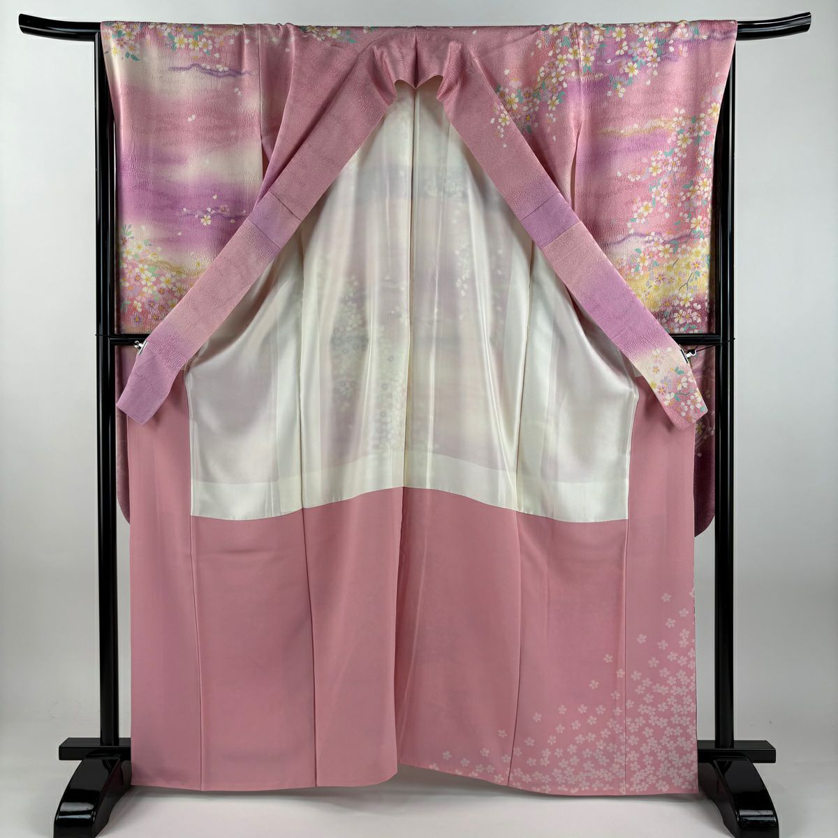 【美品】振袖禮服 身長163.5cm 袖長66.5cm M 雙層 霞 櫻花 金通 金絲 粉紅 純蠶絲 逸品級