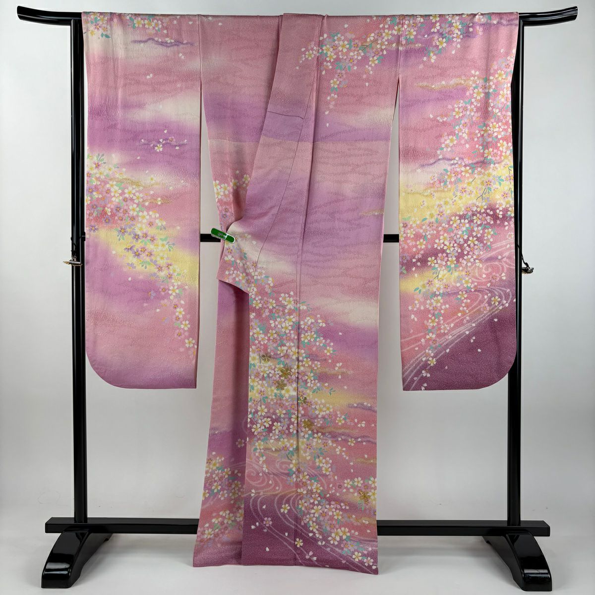 【美品】振袖禮服 身長163.5cm 袖長66.5cm M 雙層 霞 櫻花 金通 金絲 粉紅 純蠶絲 逸品級