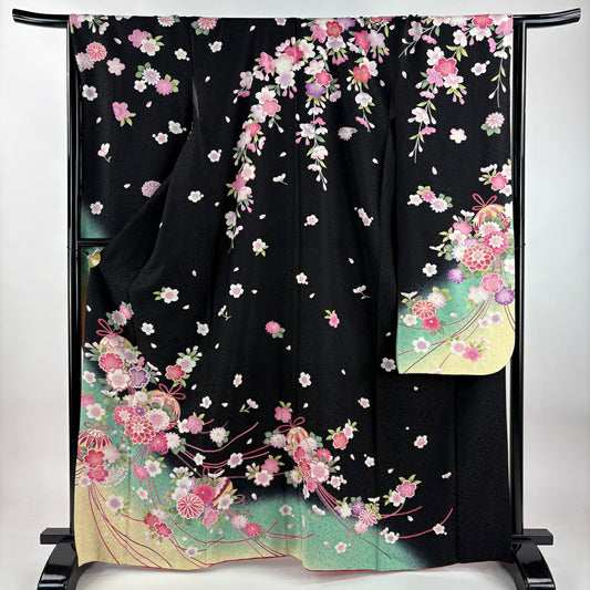 【美品】振袖禮服 身長166.5cm 袖長66cm M 雙層 草花紋紋 藥玉 金通し 金銀彩 黑 純蠶絲 逸品級