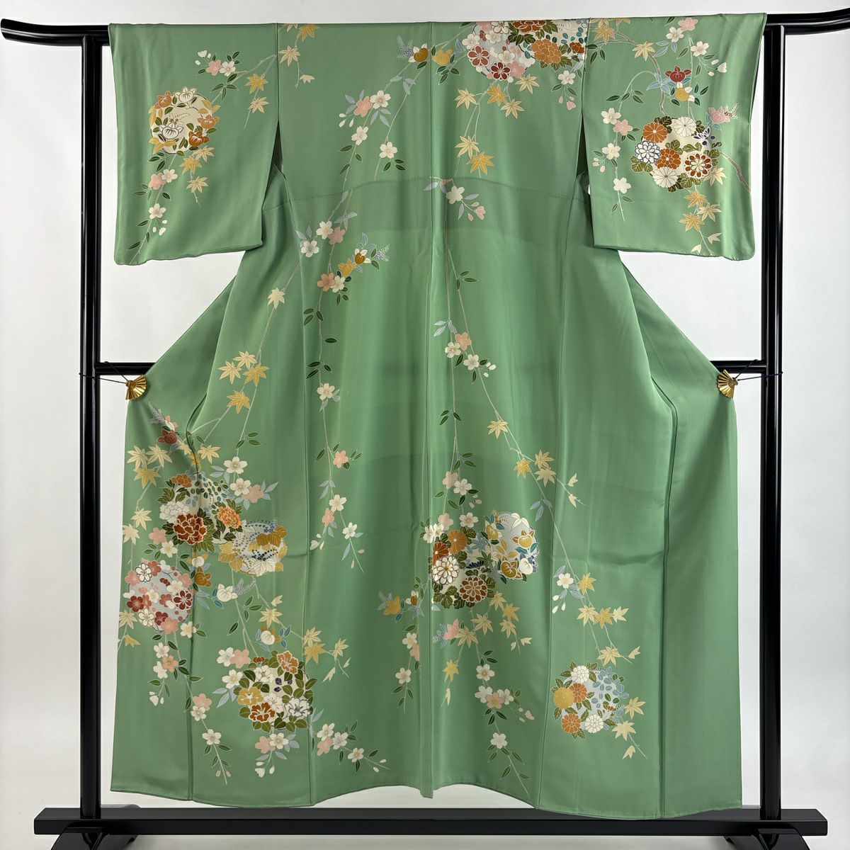 訪問服 身長154cm 袖長62.5cm S 雙層 千總 落款あり 花丸紋 垂枝櫻 刺繡 金彩裝飾 黃綠 純蠶絲 逸品級