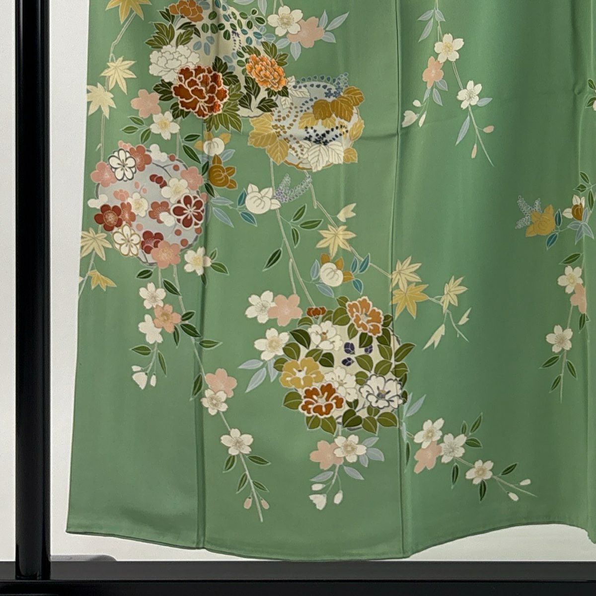 訪問服 身長154cm 袖長62.5cm S 雙層 千總 落款あり 花丸紋 垂枝櫻 刺繡 金彩裝飾 黃綠 純蠶絲 逸品級