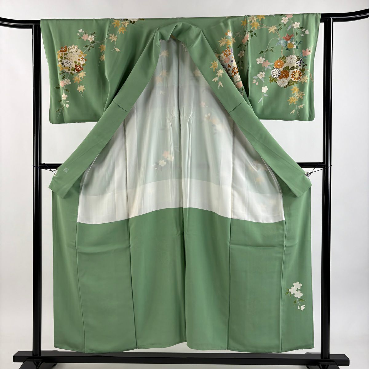 訪問服 身長154cm 袖長62.5cm S 雙層 千總 落款あり 花丸紋 垂枝櫻 刺繡 金彩裝飾 黃綠 純蠶絲 逸品級