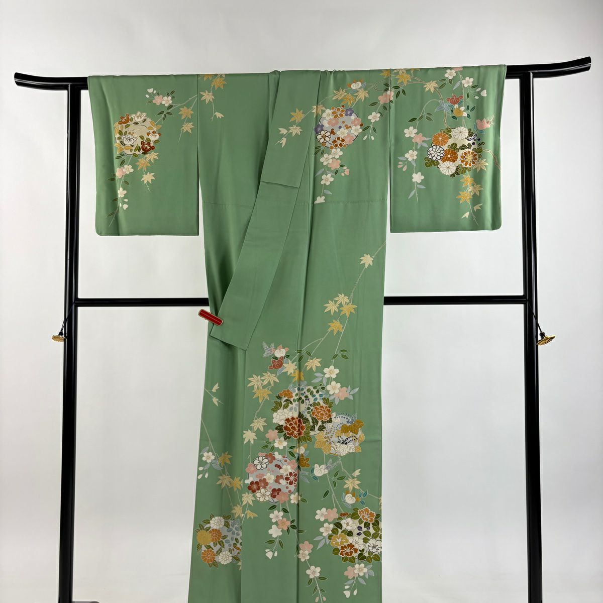 訪問服 身長154cm 袖長62.5cm S 雙層 千總 落款あり 花丸紋 垂枝櫻 刺繡 金彩裝飾 黃綠 純蠶絲 逸品級