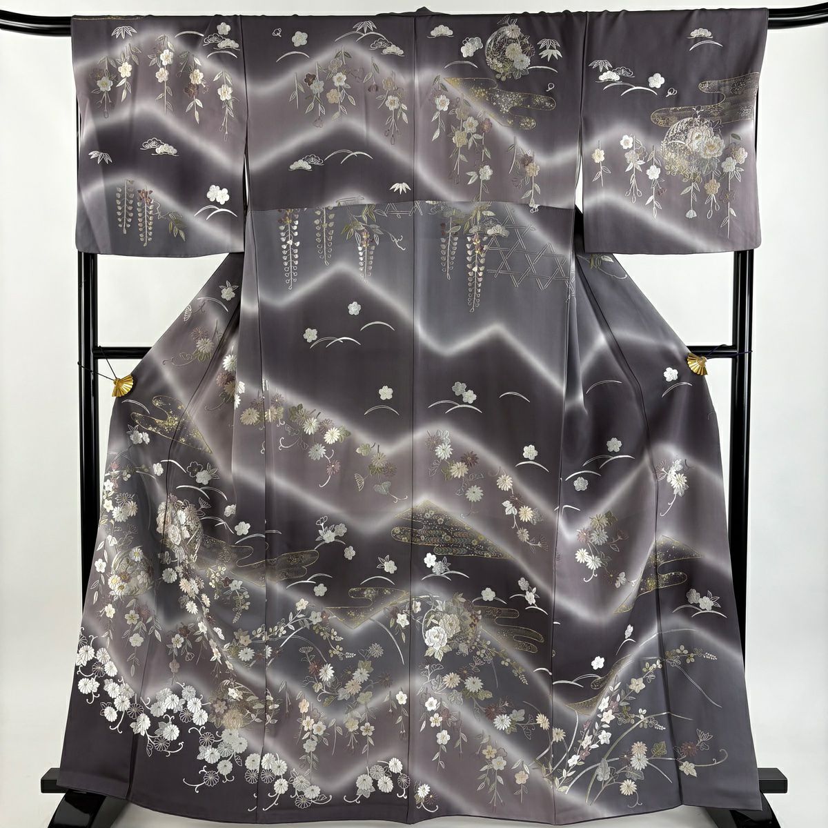 【美品】訪問服 身長164cm 袖長69cm L 雙層 花丸紋 霞 刺繡 金線 灰紫 純蠶絲 逸品級