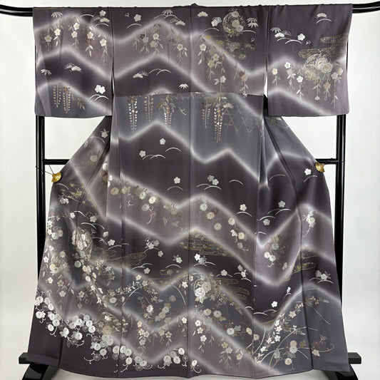 【美品】訪問服 身長164cm 袖長69cm L 雙層 花丸紋 霞 刺繡 金線 灰紫 純蠶絲 逸品級