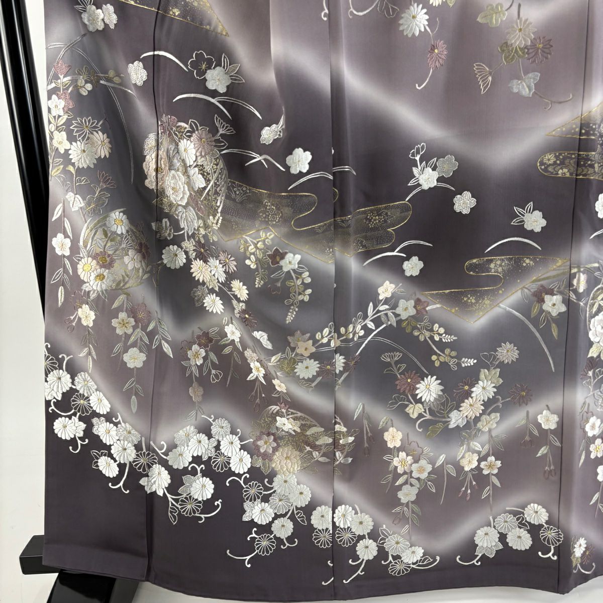 【美品】訪問服 身長164cm 袖長69cm L 雙層 花丸紋 霞 刺繡 金線 灰紫 純蠶絲 逸品級