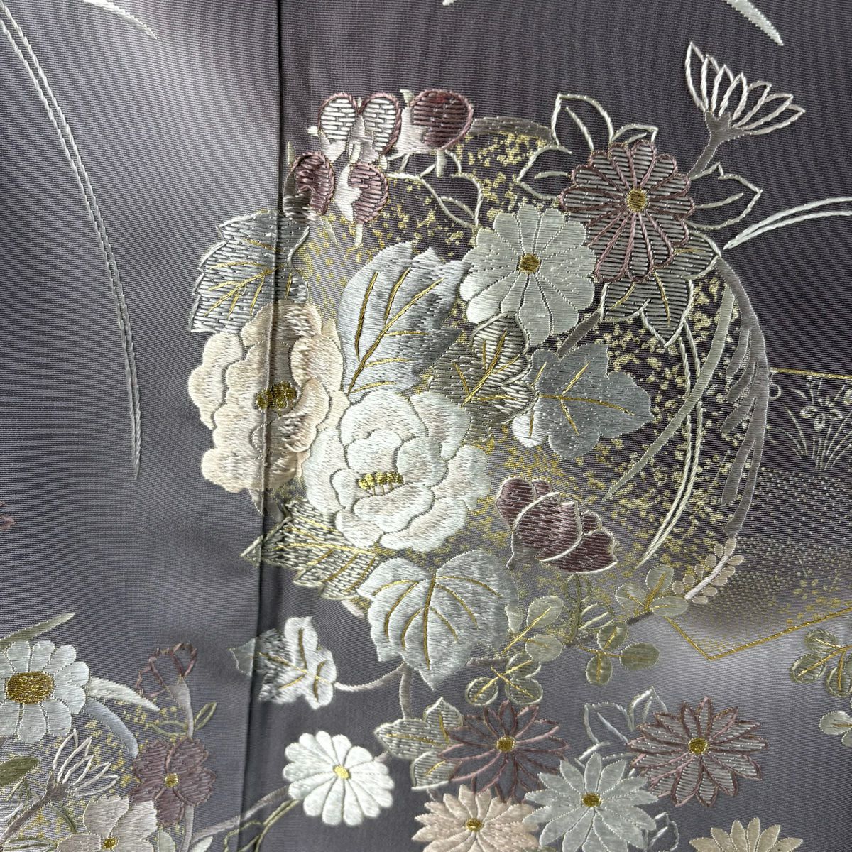 【美品】訪問服 身長164cm 袖長69cm L 雙層 花丸紋 霞 刺繡 金線 灰紫 純蠶絲 逸品級