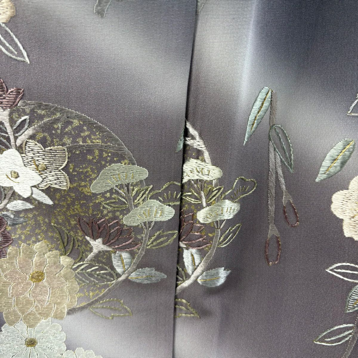 【美品】訪問服 身長164cm 袖長69cm L 雙層 花丸紋 霞 刺繡 金線 灰紫 純蠶絲 逸品級