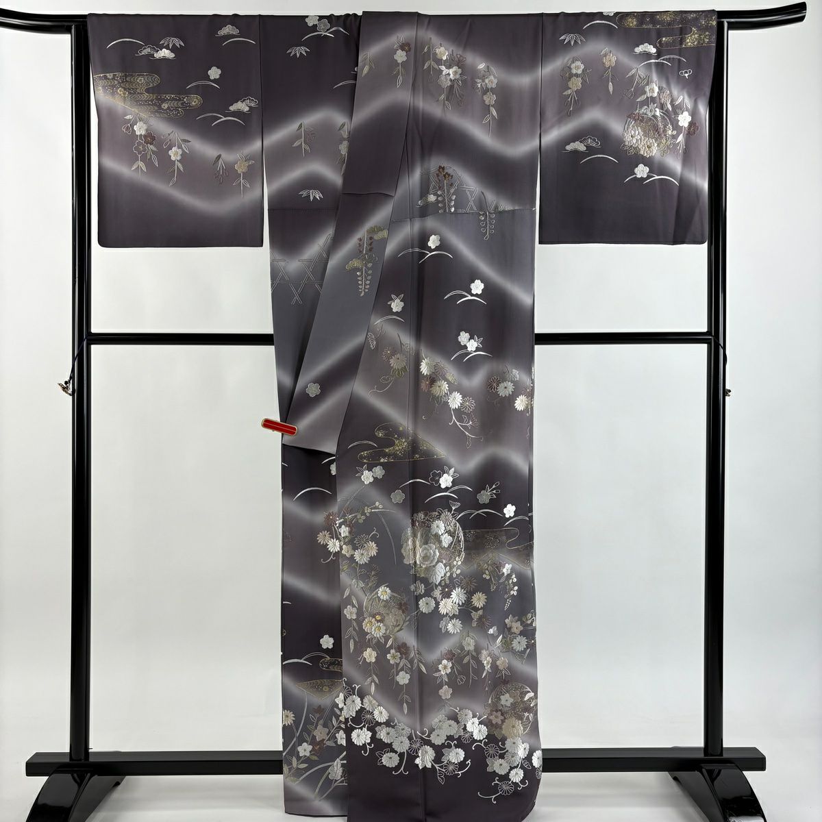 【美品】訪問服 身長164cm 袖長69cm L 雙層 花丸紋 霞 刺繡 金線 灰紫 純蠶絲 逸品級