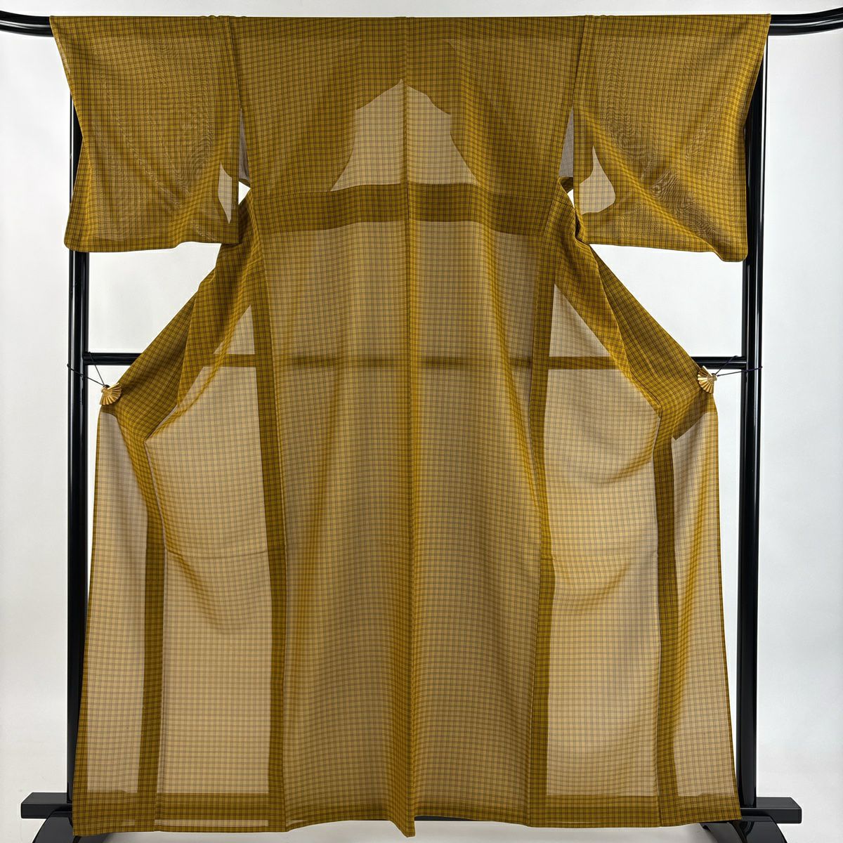 【美品】 紬織 身長163.5cm 袖長68cm L 薄物 本場黃八丈 證書齊全 格子 山吹茶 正蠶絲 逸品級