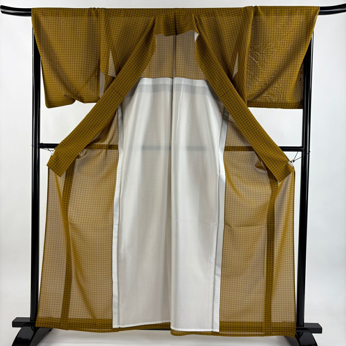 【美品】 紬織 身長163.5cm 袖長68cm L 薄物 本場黃八丈 證書齊全 格子 山吹茶 正蠶絲 逸品級